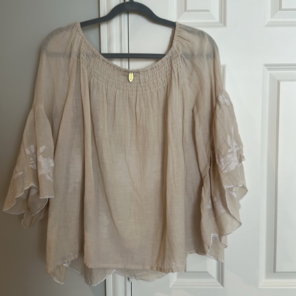 Ladies beige & white Embroidered “Gardenia Top” blouse size medium by Ruby Yaya - Picture 6 of 7